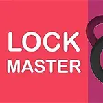 Văn bản LOCK MASTER trên nền nhiều màu sắc với biểu tượng ổ khóa và nút phát màu vàng