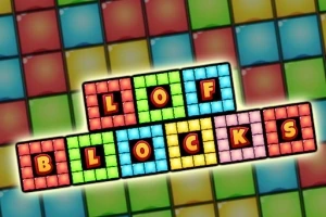 Các khối màu sắc với chữ cái tạo thành từ LOF BLOCKS trên nền ô vuông nhiều màu