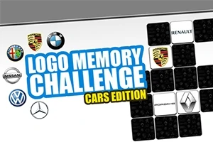 Logo các hãng xe nổi tiếng và tiêu đề Logo Memory Challenge Cars Edition trên nền xếp ô