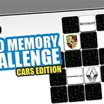 Logo các hãng xe nổi tiếng và tiêu đề Logo Memory Challenge Cars Edition trên nền xếp ô