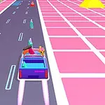 Xe ô tô màu xanh dương di chuyển trên đường nét nhạc với bối cảnh màu hồng và các chướng ngại vật hình khối