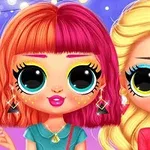 Hai nhân vật hoạt hình với đôi mắt to tròn, một người có tóc đỏ cam và một người có tóc vàng, nền màu tím sáng