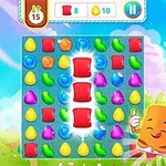 Bảng trò chơi xếp hình với các viên kẹo nhiều màu sắc và hình dạng khác nhau trên nền phong cảnh hoạt hình vui nhộn