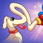 Một nhân vật màu xanh đội mũ vương miện đang đeo găng tay boxing và chạm vào một chú chó với chiếc mũi dài uốn cong, trên nền màu tím với các ngôi sao