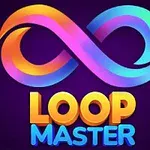 Biểu tượng vô cực đầy màu sắc với dòng chữ LOOP MASTER bên dưới trên nền màu tối