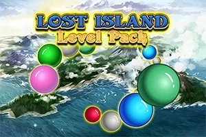 Nền biển và núi với các quả cầu màu sắc nổi bật cùng dòng chữ Lost Island Level Pack
