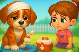 Một chú chó bị thương với băng trên đầu và chân, ngồi cạnh một bé gái lo lắng cùng hộp cứu thương trong khung cảnh sân vườn