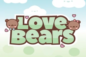 Hình ảnh có chữ Love Bears với hai chú gấu nhỏ, một đeo nơ xanh và một đội nơ hồng, kèm theo những trái tim hồng trên nền trời xanh nhạt với mây trắng