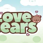 Hình ảnh có chữ Love Bears với hai chú gấu nhỏ, một đeo nơ xanh và một đội nơ hồng, kèm theo những trái tim hồng trên nền trời xanh nhạt với mây trắng
