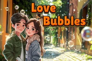 Cặp đôi trẻ đứng trong con hẻm ngập nắng với bong bóng xà phòng bay xung quanh và dòng chữ Love Bubbles