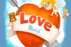 Trái tim đỏ với dòng chữ Love Match, xung quanh có thiên thần nhỏ và một mũi tên xuyên qua, cùng một chú gấu bông nhỏ