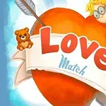 Trái tim đỏ với dòng chữ Love Match, xung quanh có thiên thần nhỏ và một mũi tên xuyên qua, cùng một chú gấu bông nhỏ