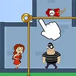 Một cảnh hoạt hình với ba nhân vật đứng dưới một cấu trúc chốt và mũi tên tay chỉ vào chốt vàng