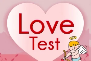 Hình ảnh có nền trái tim lớn màu hồng với chữ Love Test màu đỏ và một thiên thần nhỏ với đôi cánh và cây nỏ ở góc dưới bên phải