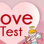 Hình ảnh có nền trái tim lớn màu hồng với chữ Love Test màu đỏ và một thiên thần nhỏ với đôi cánh và cây nỏ ở góc dưới bên phải