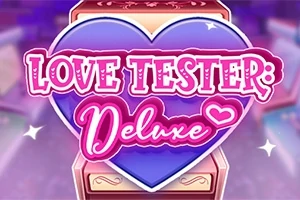 Một trái tim lớn màu xanh với dòng chữ Love Tester: Deluxe màu hồng ở giữa, nền nền màu tím mờ