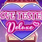 Một trái tim lớn màu xanh với dòng chữ Love Tester: Deluxe màu hồng ở giữa, nền nền màu tím mờ