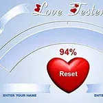 Giao diện kiểm tra tình yêu với hình trái tim đỏ và dòng chữ 94% ở giữa, cùng các ruy băng và nút Reset