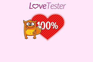 Con mèo hoạt hình đứng cạnh trái tim đỏ với chữ 100% và dòng chữ Love Tester phía trên