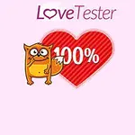 Con mèo hoạt hình đứng cạnh trái tim đỏ với chữ 100% và dòng chữ Love Tester phía trên