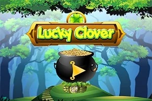 Một nồi vàng đen với nút phát màu vàng, trên nền khu rừng xanh mát với dòng chữ Lucky Clover phía trên