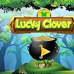 Một nồi vàng đen với nút phát màu vàng, trên nền khu rừng xanh mát với dòng chữ Lucky Clover phía trên