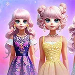 Ba búp bê với tóc hồng và trang phục lộng lẫy đứng cạnh nhau trên nền màu tím và hồng