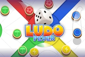 Hình ảnh có một khối xúc xắc và từ Ludo Fever nằm trên nền các mũi tên màu đỏ, xanh dương, xanh lá và vàng với các quân cờ tròn
