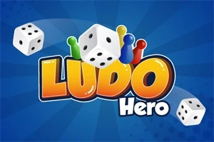 Nền xanh với các quân cờ màu sắc, xúc xắc và dòng chữ Ludo Hero nổi bật