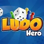 Nền xanh với các quân cờ màu sắc, xúc xắc và dòng chữ Ludo Hero nổi bật