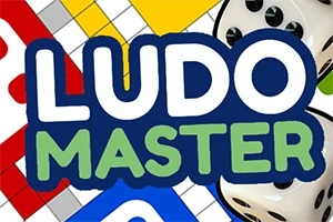 Dòng chữ lớn Ludo Master nổi bật trên nền bàn cờ màu sắc với hình ảnh xúc xắc