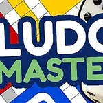 Dòng chữ lớn Ludo Master nổi bật trên nền bàn cờ màu sắc với hình ảnh xúc xắc
