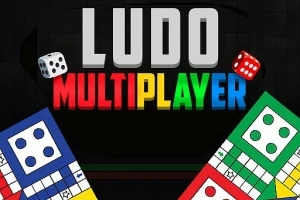 Hình ảnh có chữ LUDO MULTIPLAYER với các ô màu sắc và hai xúc xắc trên nền tối