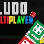 Hình ảnh có chữ LUDO MULTIPLAYER với các ô màu sắc và hai xúc xắc trên nền tối