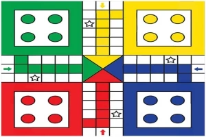 Bảng trò chơi với bốn khu vực màu xanh lá, vàng, đỏ và xanh dương, mỗi khu có bốn vòng tròn và các mũi tên trên đường đi