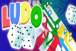 Các con xúc xắc và bảng trò chơi nhiều màu sắc với chữ LUDO lớn trên nền xanh