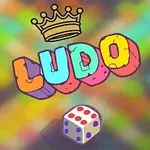 Dòng chữ LUDO nhiều màu sắc với vương miện phía trên và một viên xúc xắc có các chấm màu sắc trên nền mờ màu sắc tươi sáng