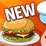Đầu bếp vui vẻ đội mũ trắng nháy mắt bên cạnh chiếc bánh hamburger mới và chữ NEW trên nền cam