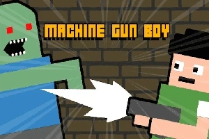 Nhân vật phong cách pixel đang bắn súng vào một sinh vật màu xanh lá với chữ MACHINE GUN BOY trên nền tường gạch