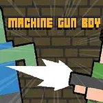 Nhân vật phong cách pixel đang bắn súng vào một sinh vật màu xanh lá với chữ MACHINE GUN BOY trên nền tường gạch