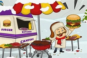 Người đàn ông mặc áo ấm và đội mũ lông cầm chiếc hamburger lớn, đứng cạnh xe bán đồ ăn và bếp nướng thịt giữa khung cảnh tuyết trắng