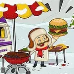 Người đàn ông mặc áo ấm và đội mũ lông cầm chiếc hamburger lớn, đứng cạnh xe bán đồ ăn và bếp nướng thịt giữa khung cảnh tuyết trắng