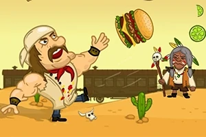 Một người đàn ông cơ bắp đang bắt một chiếc hamburger lớn trong sa mạc với một người lớn tuổi cầm gậy đứng cạnh đường ray xe lửa, cùng với vài cây xương rồng ở xung quanh