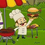 Một đầu bếp hoạt hình đội mũ trắng đang cầm bánh hamburger lớn, đứng cạnh lò nướng ngoài trời và xe bán đồ ăn trong công viên