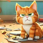 Mèo hoạt hình màu cam trông khó chịu ngồi trên sàn đầy giấy tờ rách