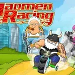 Ba nhân vật hoạt hình đang đua xe trên con đường với các tòa nhà hiện đại ở phía xa và chữ Madmen Racing ở phía trên