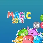 Các khối số màu sắc với số 2, 4, 8, 16, 64 và một nhóm sinh vật hoạt hình vui nhộn, cùng với chữ MAGIC 2048 đầy màu sắc trên nền xanh lam