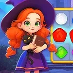 Cô bé mặc váy phù thủy màu tím cùng chú mèo đen đứng cạnh bảng đá quý màu sắc