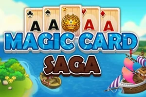 Một hình ảnh với hai chữ Magic Card Saga nổi bật ở giữa, với bốn quân bài Át phía sau, và một con tàu hải tặc trên biển bên cạnh các hòn đảo nhỏ