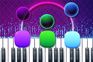 Hình ảnh hiển thị bàn phím piano với các ô màu sắc rực rỡ như tím, xanh lá và xanh dương nổi bật trên nền họa tiết tím
